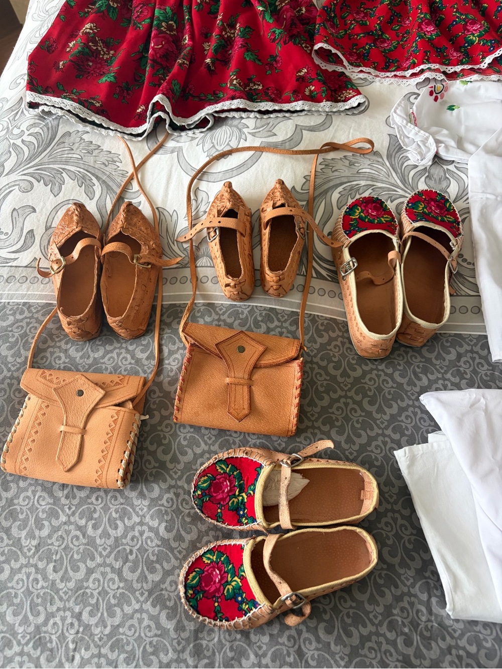 Handmade Tan and Red Floral Kids Mary Jane Shoes